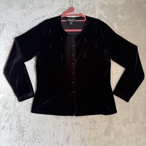 90s Black Velvet Cardgian Medium Beaded Floral Button Goth Vamp Romantic Grunge